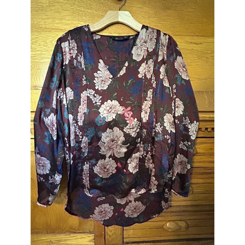 Zara Basic Dark Romantic Whimsigoth Floral Fairy Pintuck Top Burgundy Print